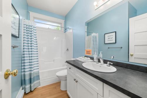 a bathroom with a sink and a toilet and a mirror at The Cattail - 26 Meadowview in Cherry Valley