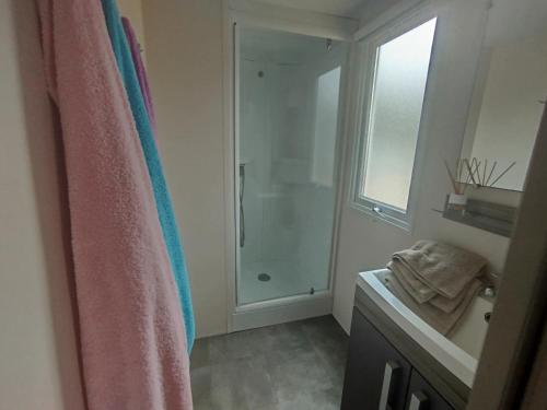 a bathroom with a shower and a sink at Casinhas Do Alentejano - Lands house Bungalows in Burinhosa