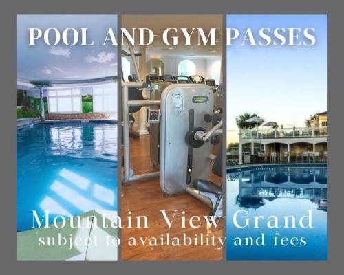 a collage of three pictures of a swimming pool at BC Log cabin with private beach river fire pit AC wifi onsite trails ski slope views in Carroll