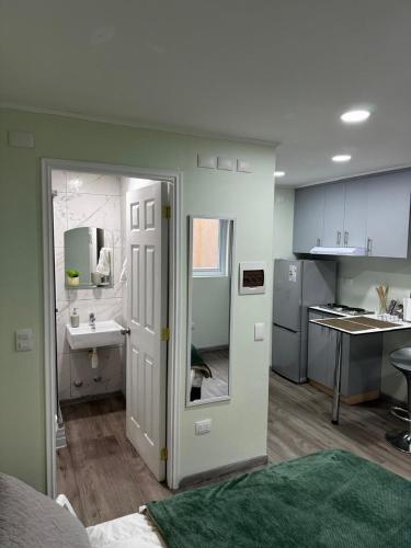 Una pequeña cocina con fregadero y encimera. en Departamento Studio Full 109, en Osorno