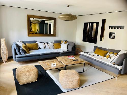 un salon avec deux canapés et une table basse dans l'établissement Le Marais by Steph, à Paris