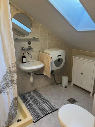 a bathroom with a sink and a toilet and a mirror at Apartman Kalac in Korčula