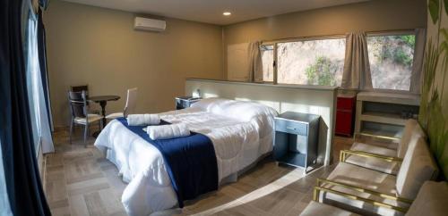 ein Schlafzimmer mit einem Bett und einem Tisch und einem Fenster in der Unterkunft Eco Lodge de la Selva in San Salvador de Jujuy