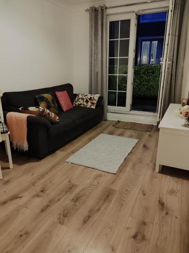 a living room with a black couch and wooden floors at The Temple Bar Loft in Dublin