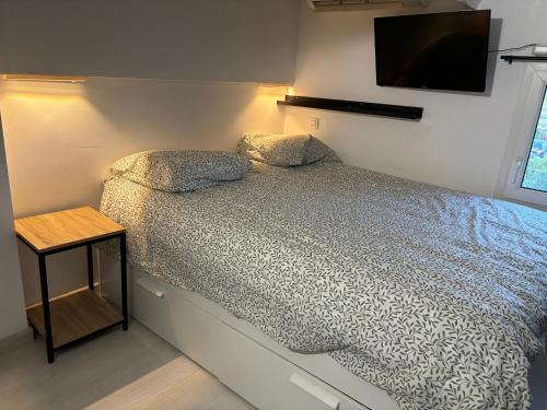 - une chambre avec un lit et une télévision murale dans l'établissement Villa climatisé entre Montpellier est Sete proche des plages, à Vic-la-Gardiole