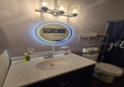 een badkamer met een wastafel en een spiegel en een toilet bij Motown Riverfront Studio Loft in Detroit