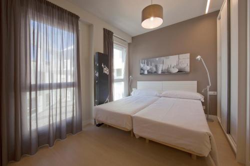 - une chambre avec un grand lit et une grande fenêtre dans l'établissement Apartamentos Irenaz, à Vitoria-Gasteiz