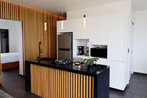 a kitchen with a black counter and a refrigerator at Palmas Luxury Apartment 103 in Oaxaca City