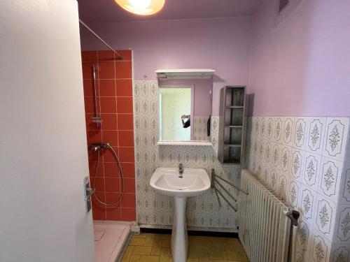 une salle de bain avec un lavabo et un miroir dans l'établissement Palavas F2 lumineux, proche plage et commerces, TV et wifi inclus - FR-1-715-102, à Palavas-les-Flots