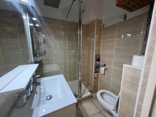 une salle de bain avec une douche, un lavabo et des toilettes dans l'établissement Appartement 4 pers à Seignosse Penon avec terrasse - FR-1-239-1127, à Seignosse