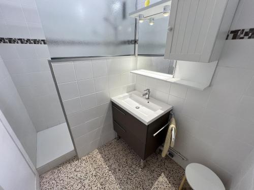 une salle de bain avec un lavabo, des toilettes et un miroir dans l'établissement Appartement spacieux à Valras-Plage, accès direct à la plage, jusqu'à 6 personnes - FR-1-781-101, à Valras-Plage