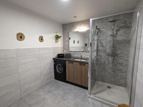 une salle de bain avec douche et machine à laver dans l'établissement Appartement familial proche lac et centre à Gérardmer - 4 pers, animaux admis - FR-1-589-818, à Gérardmer