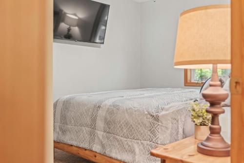 a bedroom with a bed with a lamp and a tv at Tawny and Peaceful Game Room Firepit PatioDeck Workspace in Arrowhead Lake