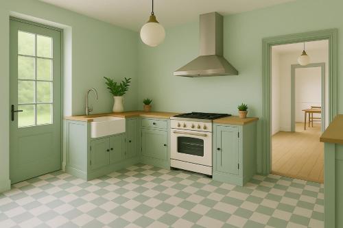 eine Küche mit grünen Schränken und einem weißen Herd in der Unterkunft La Folie Giverny - Villa Premium - 3 Suites VIP - 8 Pièces 150M2- Centre Village - Maison privatisée -Jardin paysagé - Parking- in Giverny