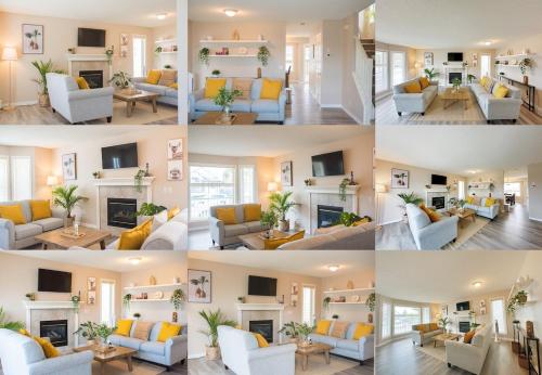 a collage of four pictures of a living room at Cozy Calgary Hideaway in Calgary