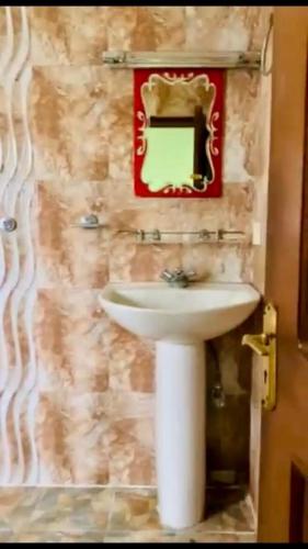 a bathroom with a sink and a mirror on the wall at Madame Flexstay Girls Hostel in Kathmandu