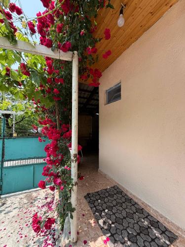a pergola with pink flowers on a house at Friendly Cottage with small Pool in Ambrolauri