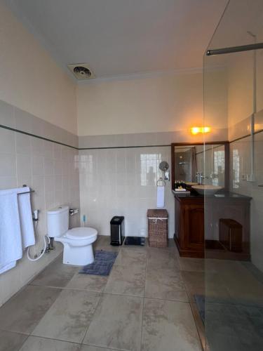 a bathroom with a toilet and a shower and a sink at Beachfront Villa Jepun Segara in Banjar