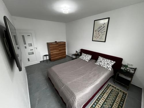 a bedroom with a large bed and a dresser at Louisa Suite in Alba Iulia