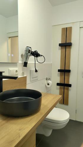 a bathroom with a black bowl on a counter with a toilet at Katalyma in Schweinfurt