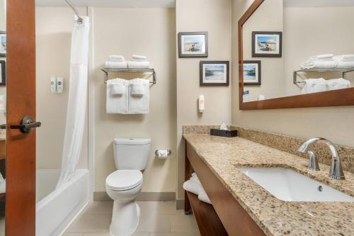a bathroom with a toilet and a sink and a mirror at Comfort Suites Myrtle Beach Central in Myrtle Beach