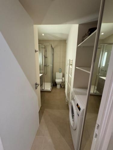 une salle de bain avec machine à laver et toilettes dans l'établissement Chamonix city center rue Paccard, à Chamonix-Mont-Blanc