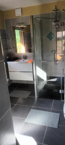 a bathroom with a shower with a sink and a tub at G mi cabaña in La Celle-sous-Gouzon