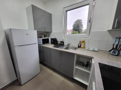 a kitchen with a white refrigerator and a sink at Charles House in Brussels