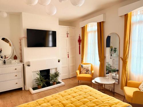 a living room with a bed and a fireplace at Candy Cafe Apartment in London