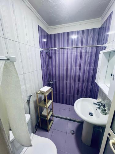 a purple bathroom with a sink and a toilet at Rajs Apartment in Tirana