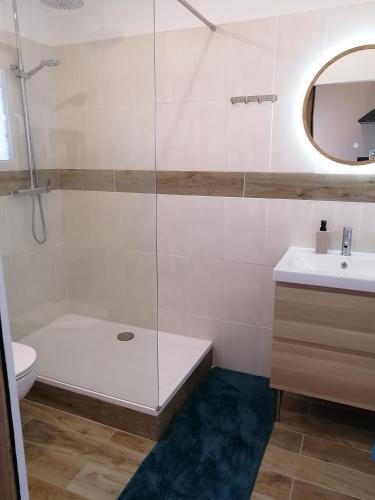 une salle de bain avec une douche, des toilettes et un lavabo dans l'établissement Charmant logement 2 personnes avec extérieur, à Orange