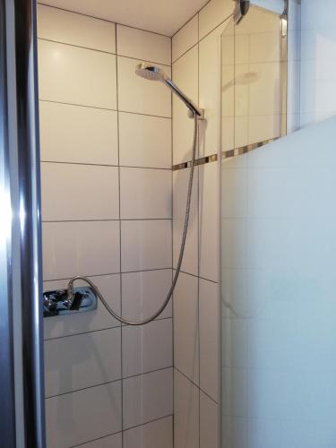 une douche avec un tuyau dans une salle de bain dans l'établissement Nature and mountain studio, à La Plagne Tarentaise