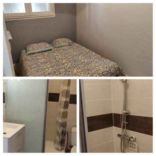 - une chambre avec un lit, une douche et une salle de bains dans l'établissement Appartement T2 avec terrasse Luchon, à Luchon