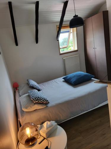 ein Schlafzimmer mit einem Bett mit blauen Kissen und einem Tisch in der Unterkunft L'Oasis du Quesnoy - proche lille - Navette à disposition in Quesnoy-sur-Deûle