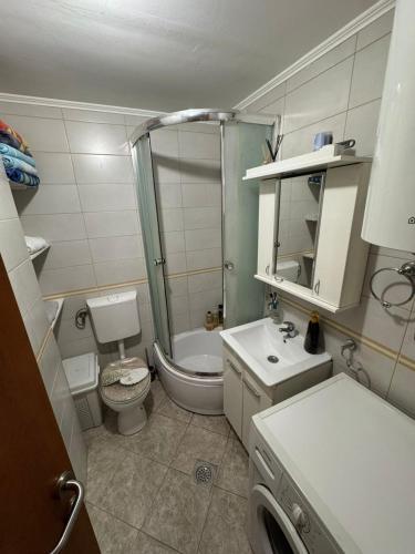 a bathroom with a shower and a toilet and a sink at Apartman Tafra 3 in Igalo