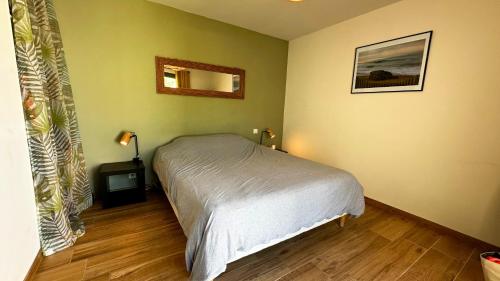 une chambre avec un lit et un miroir au mur dans l'établissement La Villa Grenadine, à Les Matelles