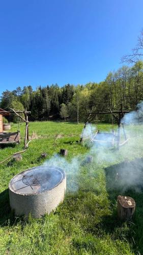 a fire pit in the grass in a field at Zacisze Ośmiu Stawów Siekierczyna - The Quort of Eight Pounds 