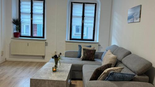 a living room with a couch and a coffee table at Pension Arthur in Meißen