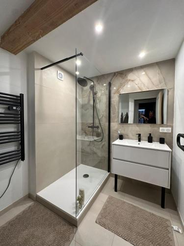 une salle de bain avec une douche en verre et un lavabo dans l'établissement Duplex refait à neuf Village au coeur de la nature, à Roquestéron