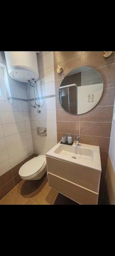 ein Badezimmer mit Toilette, Waschbecken und Spiegel in der Unterkunft Daniri in Sveti Filip i Jakov