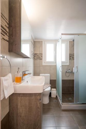a bathroom with a sink and a shower and a toilet at Kyra's Luxury Suites 3 in Chios