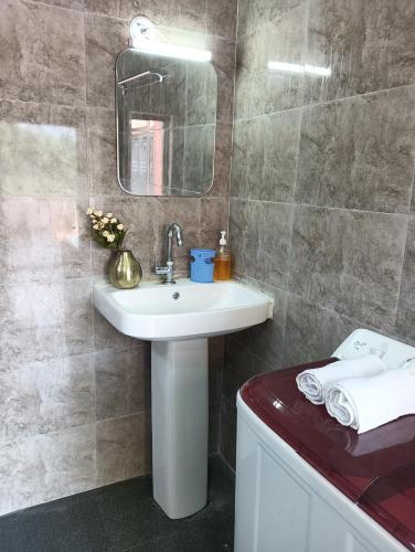 a bathroom with a sink and a mirror at Malta Tree Homes in Kurchhola