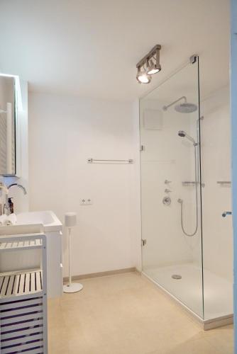a bathroom with a shower with a glass door at Reethüs Keitum mit Kamin und Südgarten in direkter Wattnähe in Keitum
