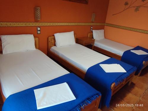two twin beds in a room with orange walls at Guesthouse Patavali in Kalabaka