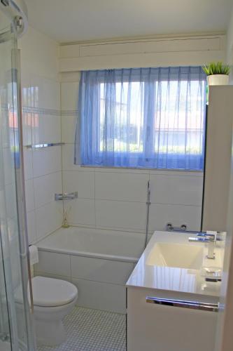 a bathroom with a toilet and a tub and a sink at Condominio Vorame by HolAp SA in Ascona