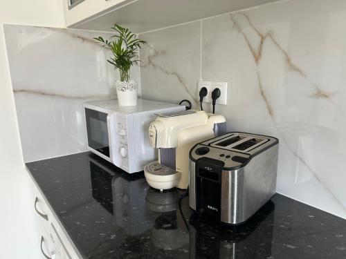 a kitchen with a toaster oven and a microwave at Casa da Vila do Rock in Paredes de Coura