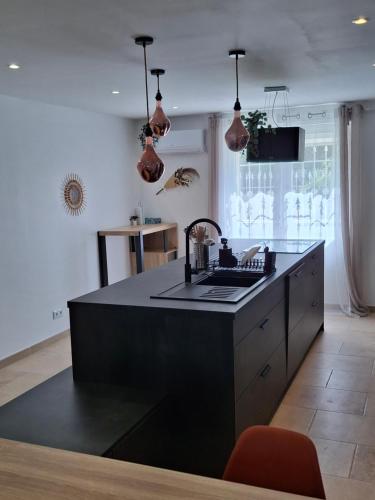 ケサルグにあるLaDy ROSE NÎMES, House for 14 peopleのキッチン(シンク付きの黒い島あり)