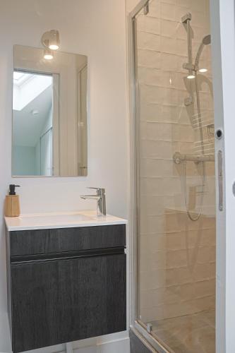 une salle de bain avec un lavabo et une douche avec un miroir dans l'établissement Le Patio Secret - Elégance en Centre Ville, à Bordeaux