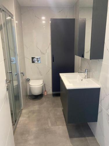 a bathroom with a sink and a toilet at Iskele Courtyard Long Beach Apartment in Iskele