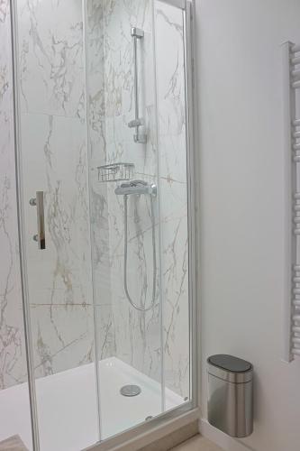une salle de bain avec une douche avec une porte vitrée dans l'établissement Le Castéja Chic - Elégance en Centre Ville, à Bordeaux